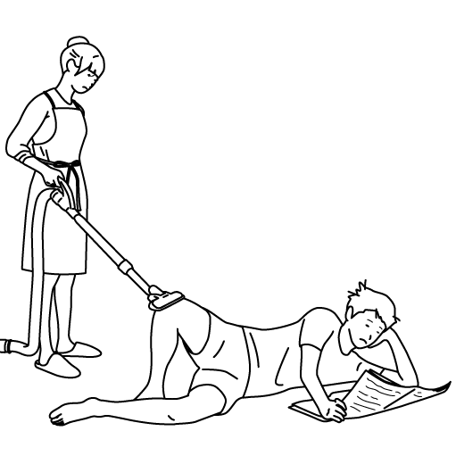 掃除機をかけている女性が横になっている男性を掃除機で吸っている