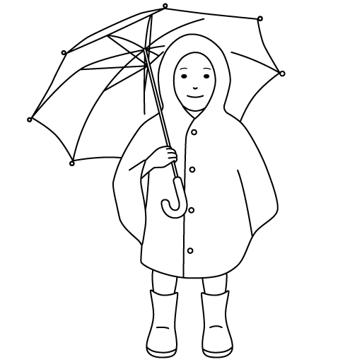 雨具ポンチョを着た傘を刺す幼い男の子